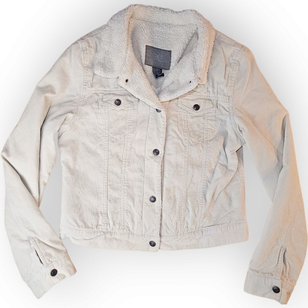 🤍 Vintage Campus Crew Corduroy Jacket – Off White | Faux Fur Collar | Size L ✨